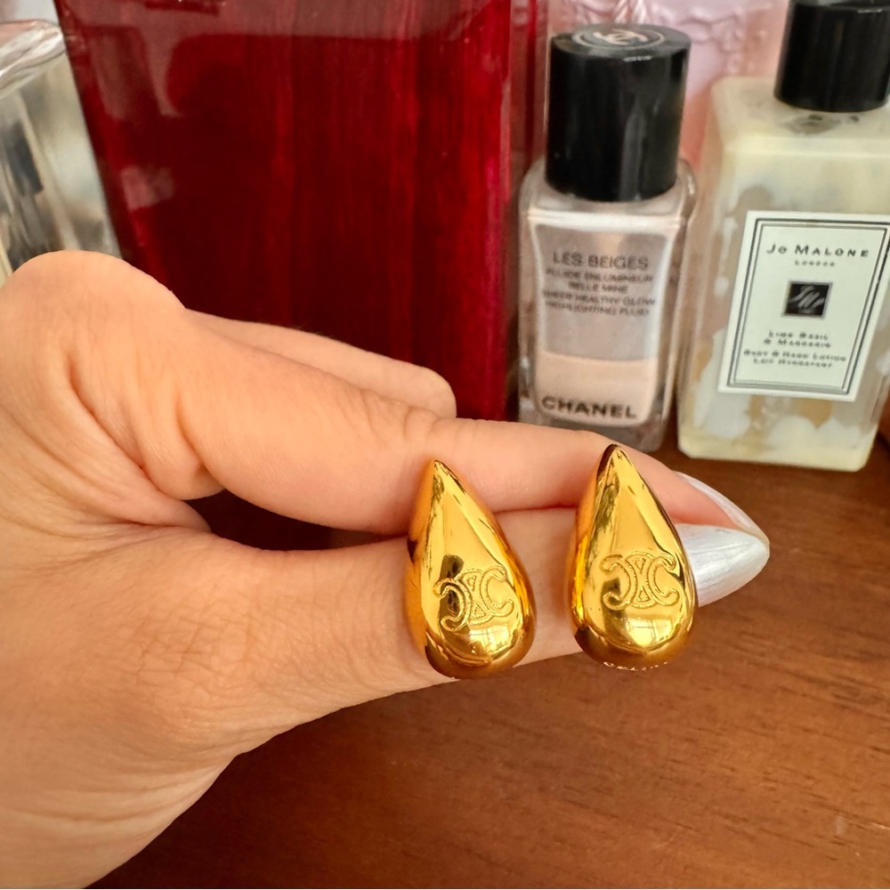 (SOLD) Celine Gold Teardrop Earrings with Logo